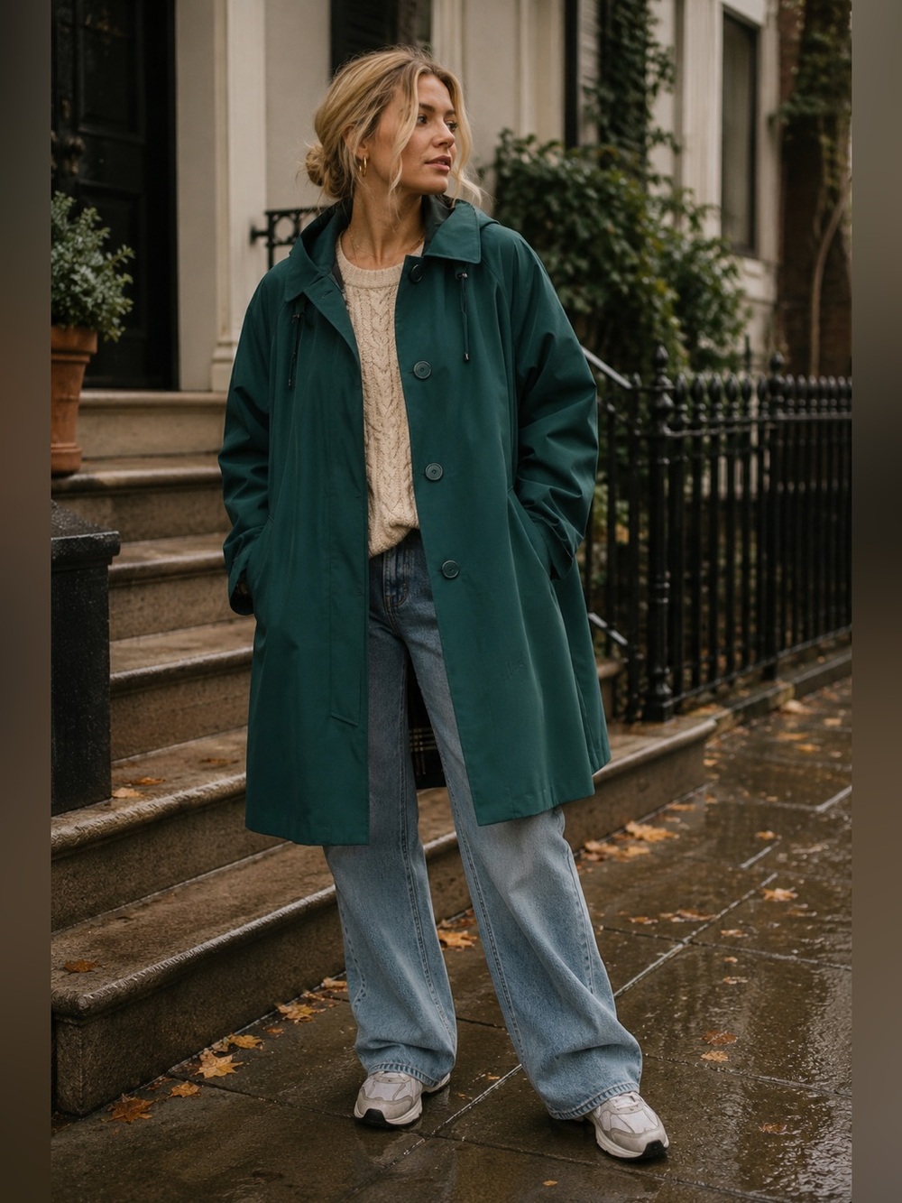 London Fog Emerald Green Hooded Raincoat Plaid Lined Oversized XL 1X Vintage